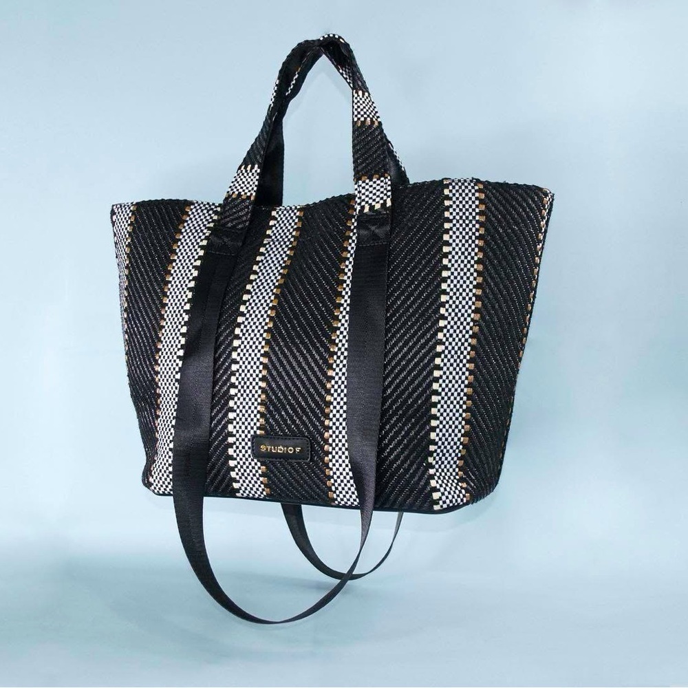 Studio F Black and White Striped Women's Large Tote Bag